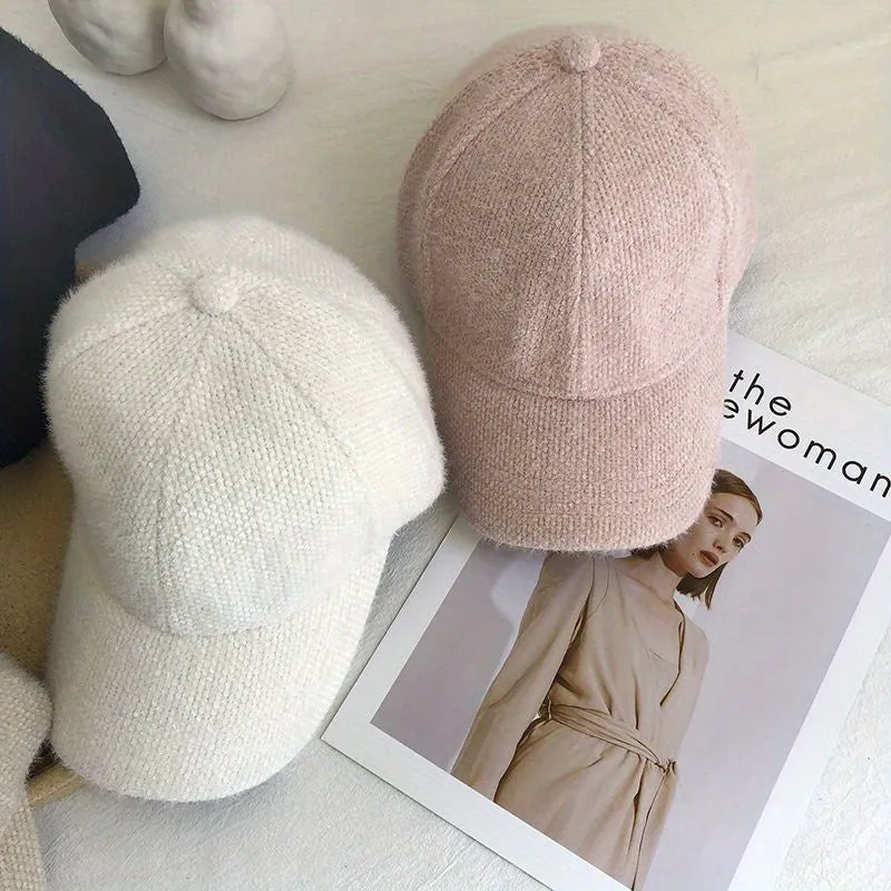 1pc Warm and Cozy Womens Autumn Winter Rabbit Fur Peaked Cap - Soft, Cute, Korean Fashion Baseball Style - White and Black Color Options