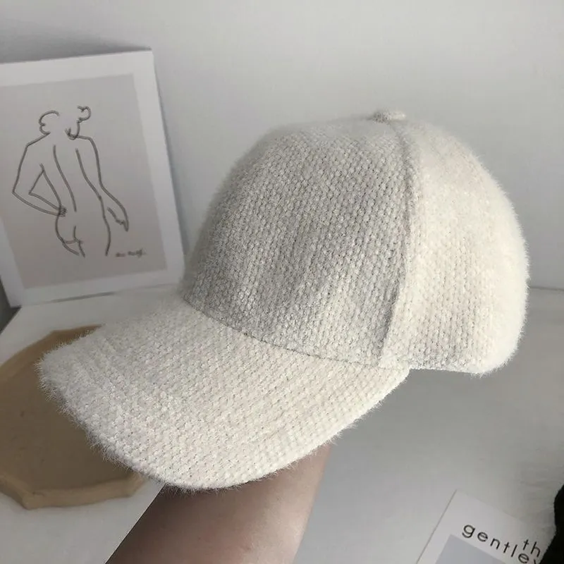 1pc Warm and Cozy Womens Autumn Winter Rabbit Fur Peaked Cap - Soft, Cute, Korean Fashion Baseball Style - White and Black Color Options