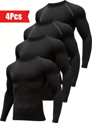 4pcs EliteFit Men's Performance Long Sleeve T-Shirts - Ultra Comfy, High Elastic, Quick Dry, Breathable, Moisture Wicking, Crew Neck Tops for Gym Training, Outdoor Activities, and Everyday Wear