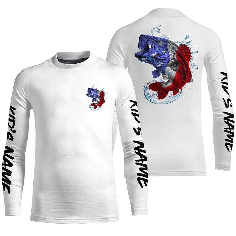 Bass Fishing American Flag Custom Long Sleeve Performance Shirts, Patriotic Bass Fishing Jerseys IPHW6398