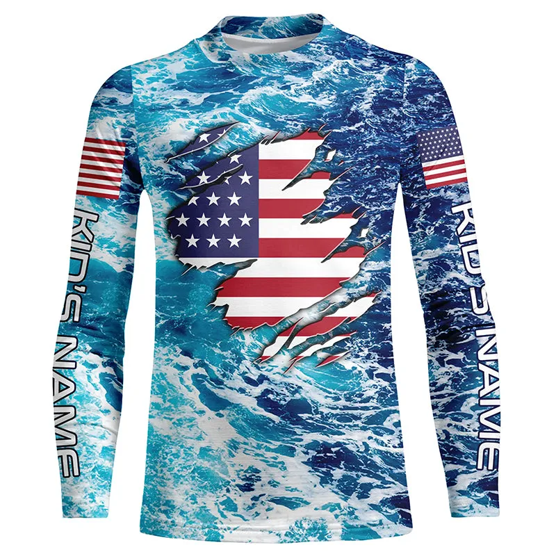 Blue sea wave ocean camo American flag patriot shirt Custom Kid long sleeve Shirts NQS5429