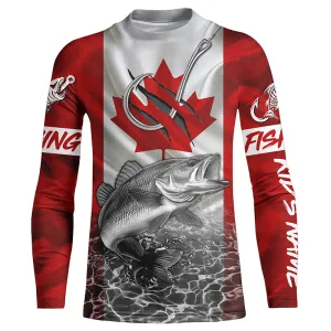 Canadian Flag Walleye Fish hook Custom Kid long sleeve performance Fishing Shirts, Walleye jerseys NQS5459