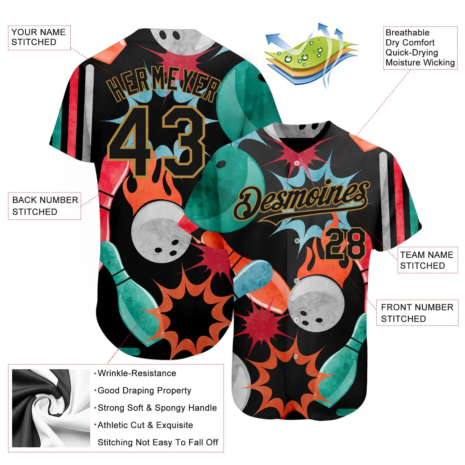 Custom Black Old Gold 3D Pattern Design Bowling Authentic Baseball Jersey