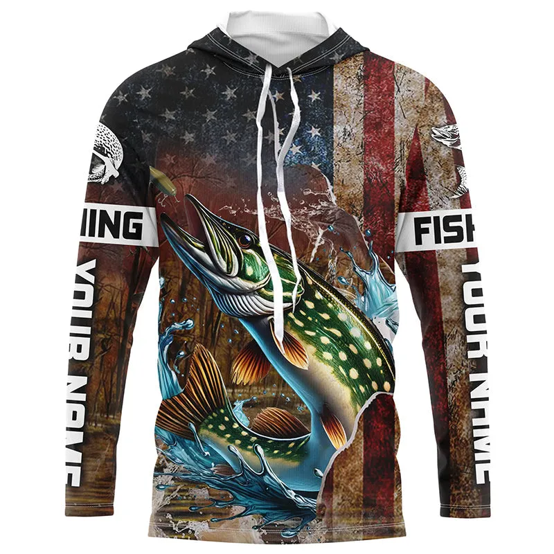 Custom Pike Long Sleeve Fishing Shirts For Men, Patriotic Amerian Flag Pike Fishing Shirt IPHW6893