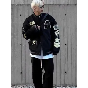 INSTOCK-Men’s Black Embroidered Wool Jacket – Retro Baseball
