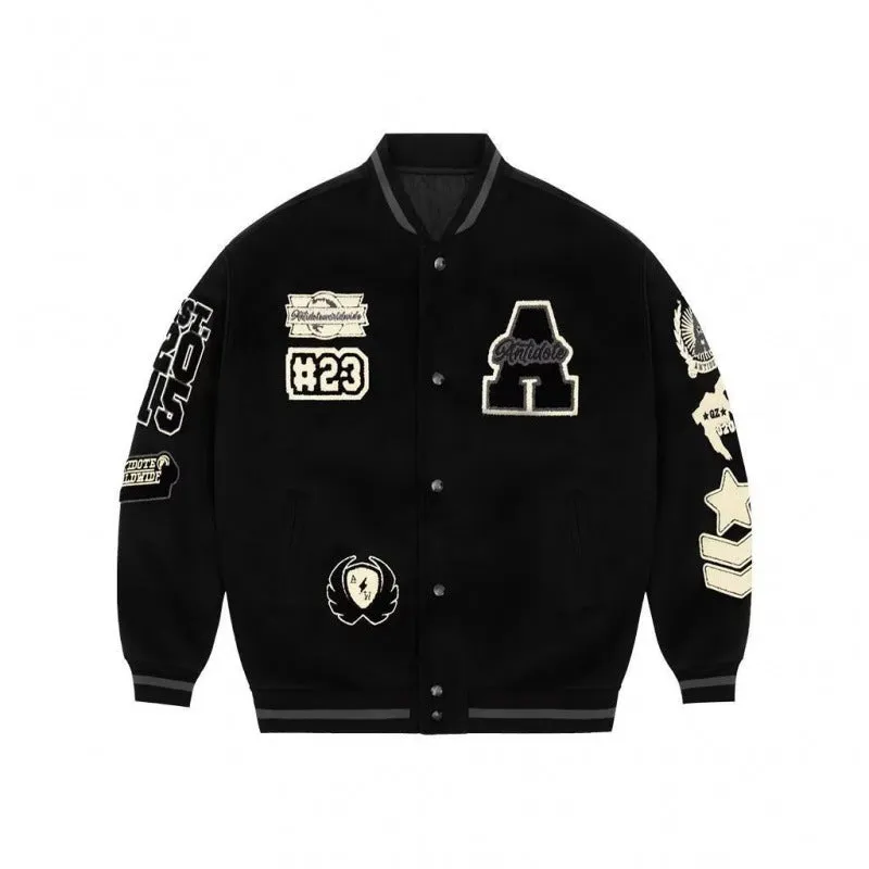 INSTOCK-Men’s Black Embroidered Wool Jacket – Retro Baseball