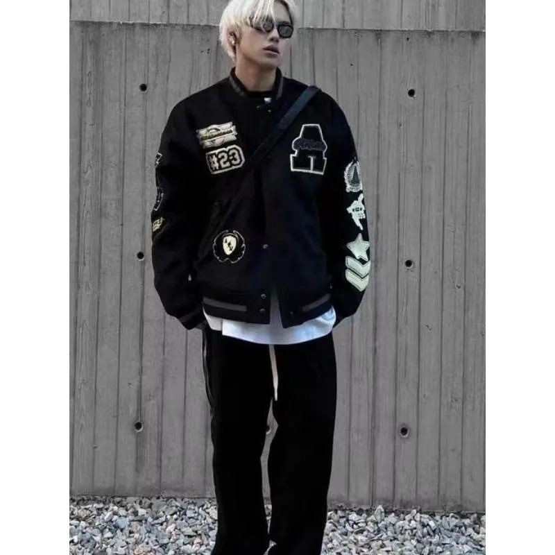 INSTOCK-Men’s Black Embroidered Wool Jacket – Retro Baseball