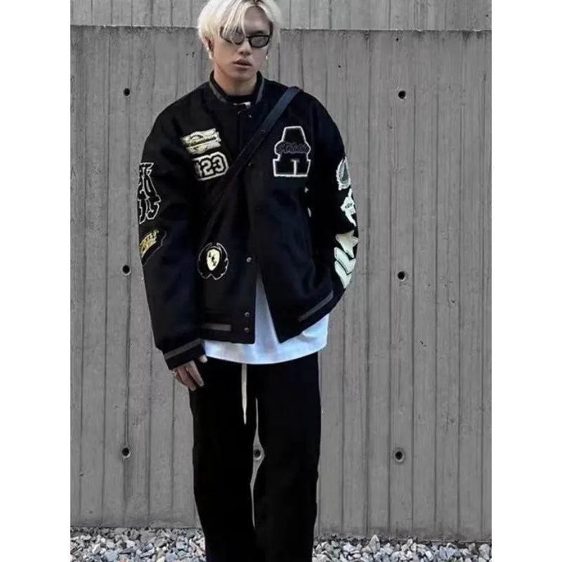 INSTOCK-Men’s Black Embroidered Wool Jacket – Retro Baseball