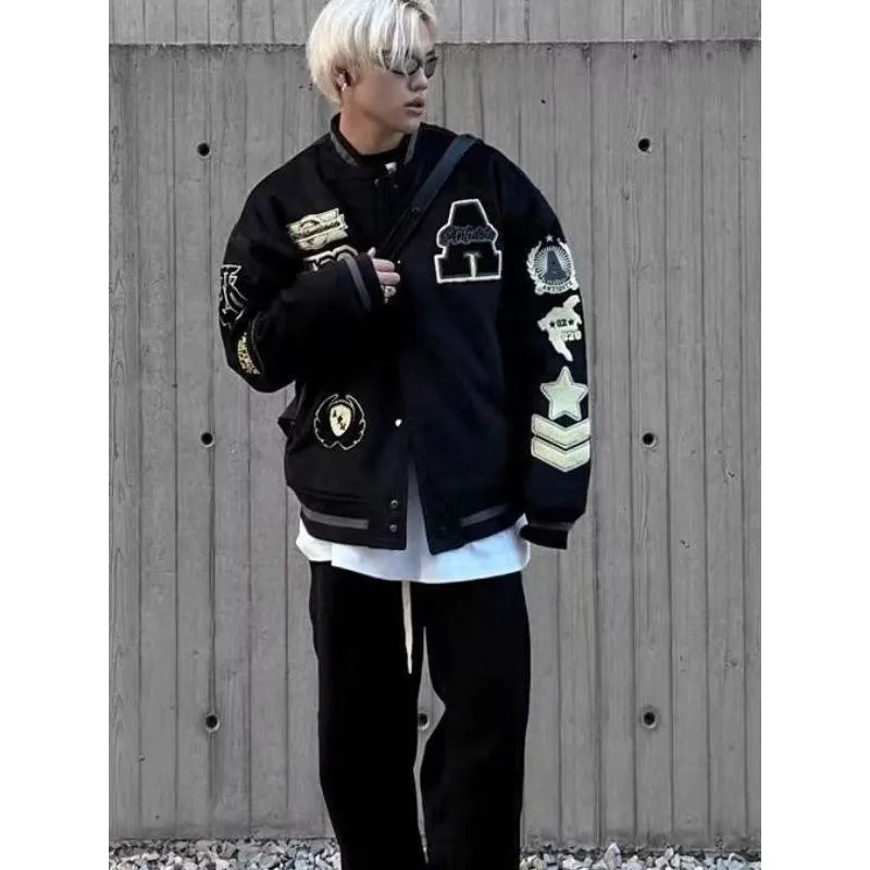 INSTOCK-Men’s Black Embroidered Wool Jacket – Retro Baseball