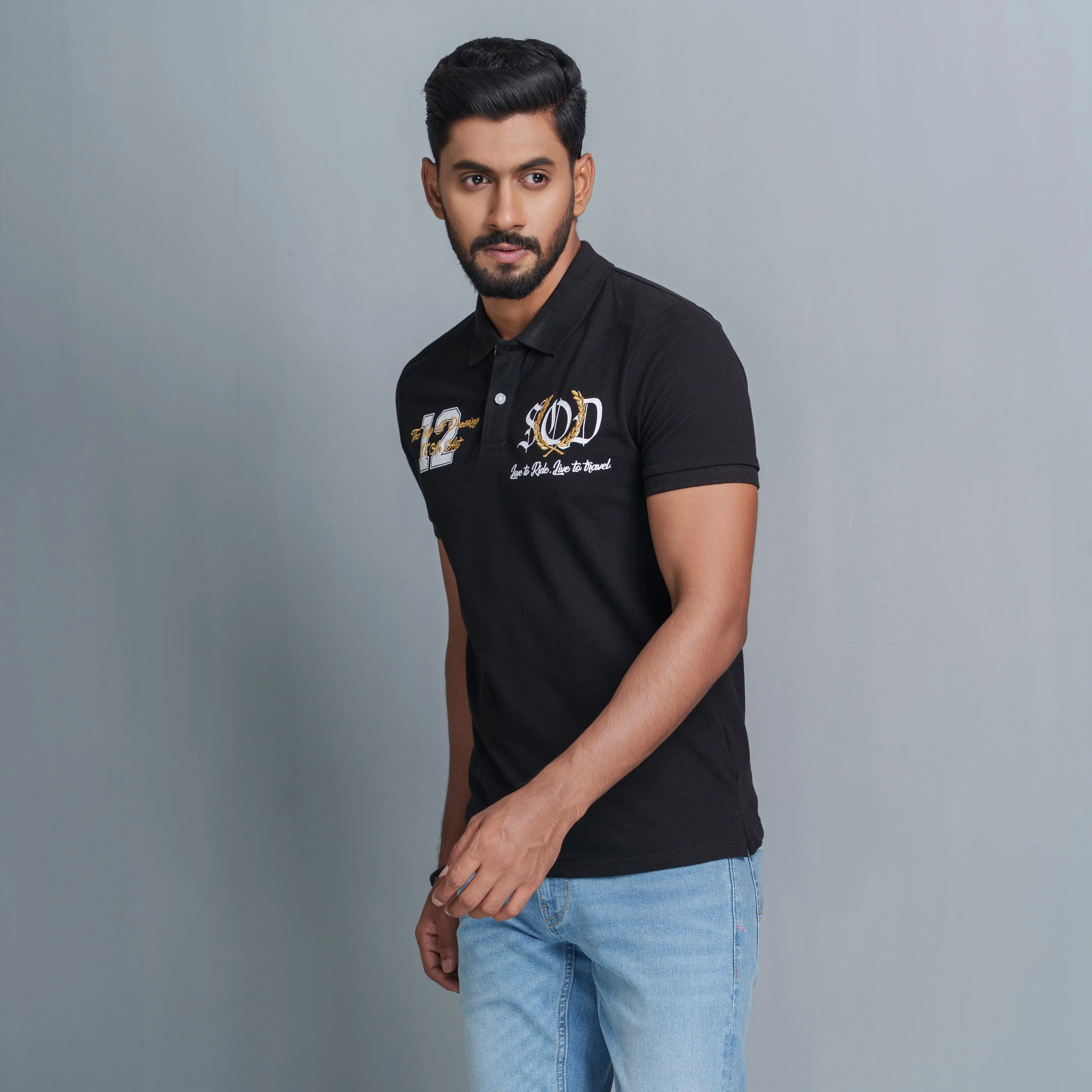 Mens Black Print Polo