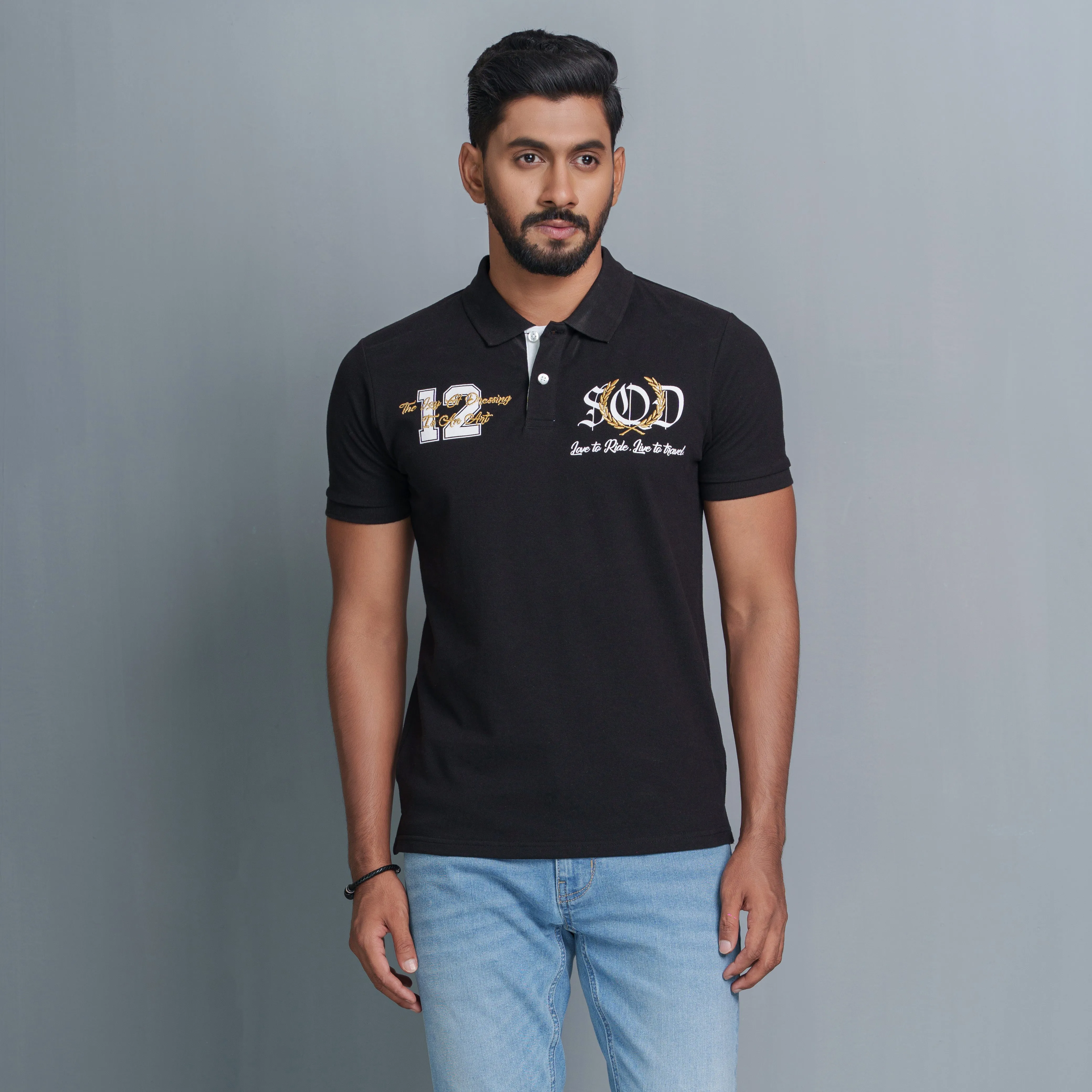 Mens Black Print Polo