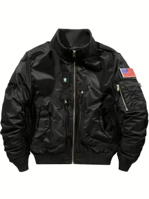 Men's Relaxed Fit Flag Graphic Print Jacket - Water-Resistant, Breathable, Zip-Up Long Sleeve Outwear with Multiple Pockets for Outdoor Activities - Casual Baseball Collar, Versatile and Comfortable