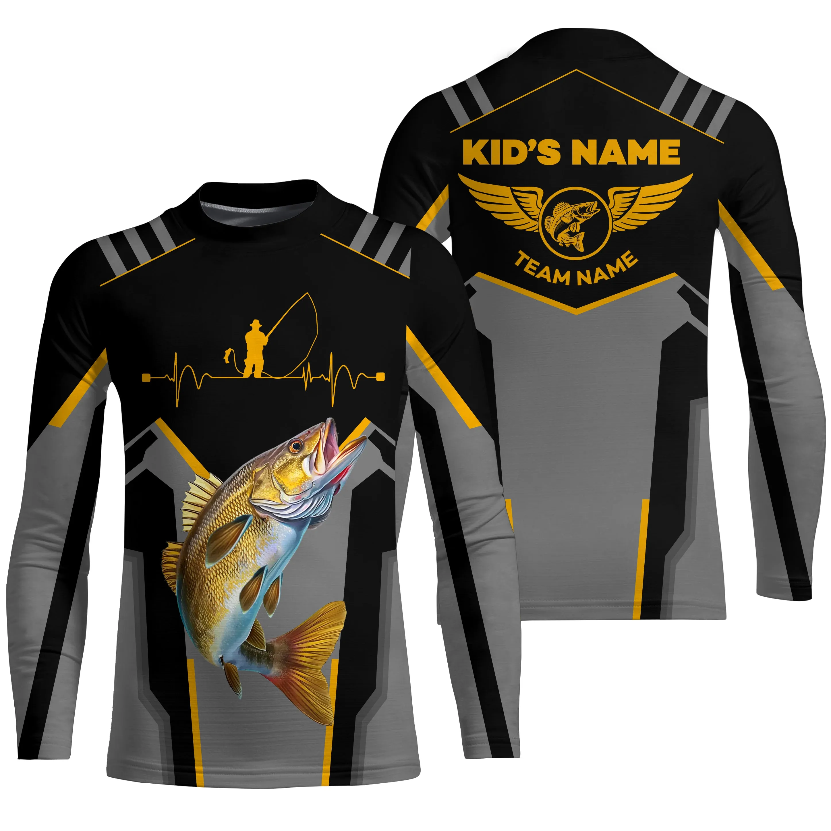 Personalized Black Walleye Fishing jerseys, Team Walleye Fishing Kid Long Sleeve tournament shirts| Yellow NQS6223