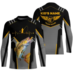 Personalized Black Walleye Fishing jerseys, Team Walleye Fishing Kid Long Sleeve tournament shirts| Yellow NQS6223