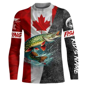 Personalized Northern pike Fishing Jerseys, Custom Canadian flag Pike fishing Kid Long Sleeves shirts NQS4927