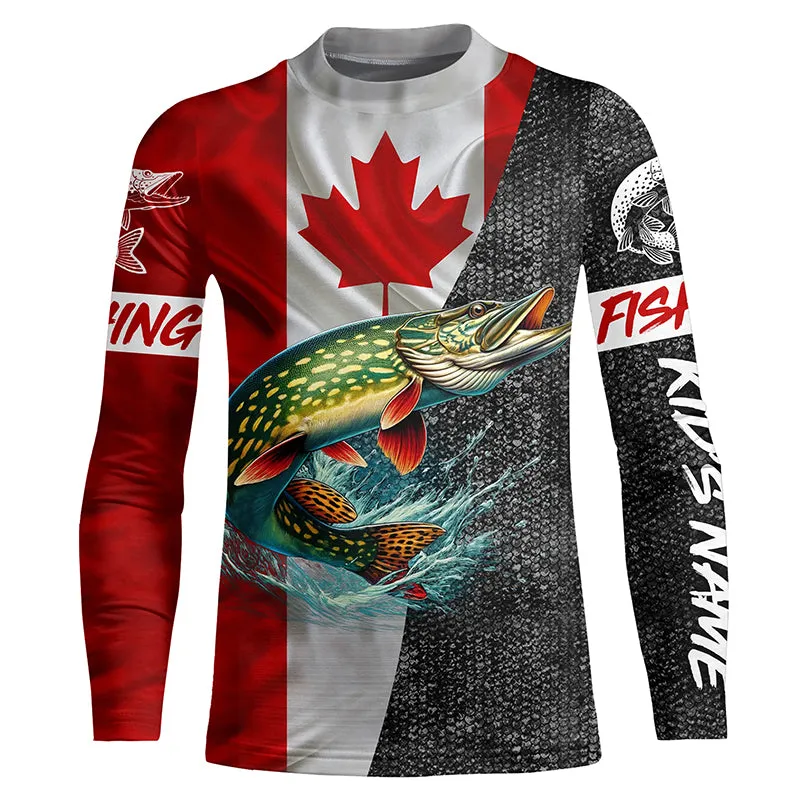 Personalized Northern pike Fishing Jerseys, Custom Canadian flag Pike fishing Kid Long Sleeves shirts NQS4927