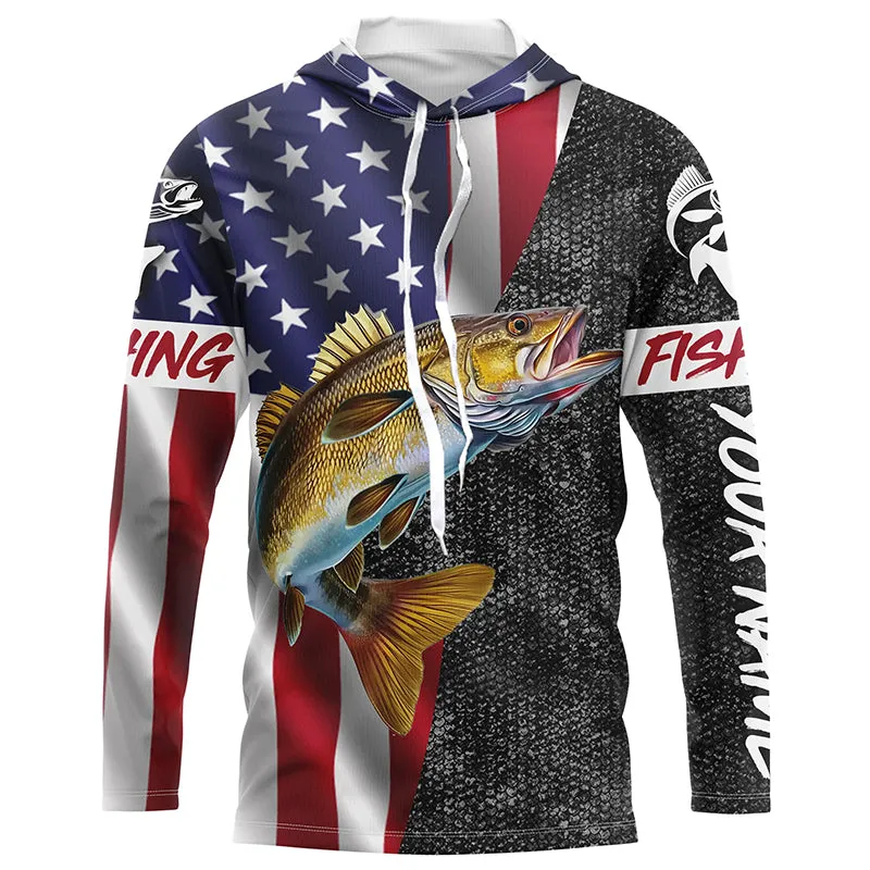 Personalized Walleye Fishing Jerseys, Custom American flag Walleye Long sleeve, Long Sleeve Hooded NQS4925