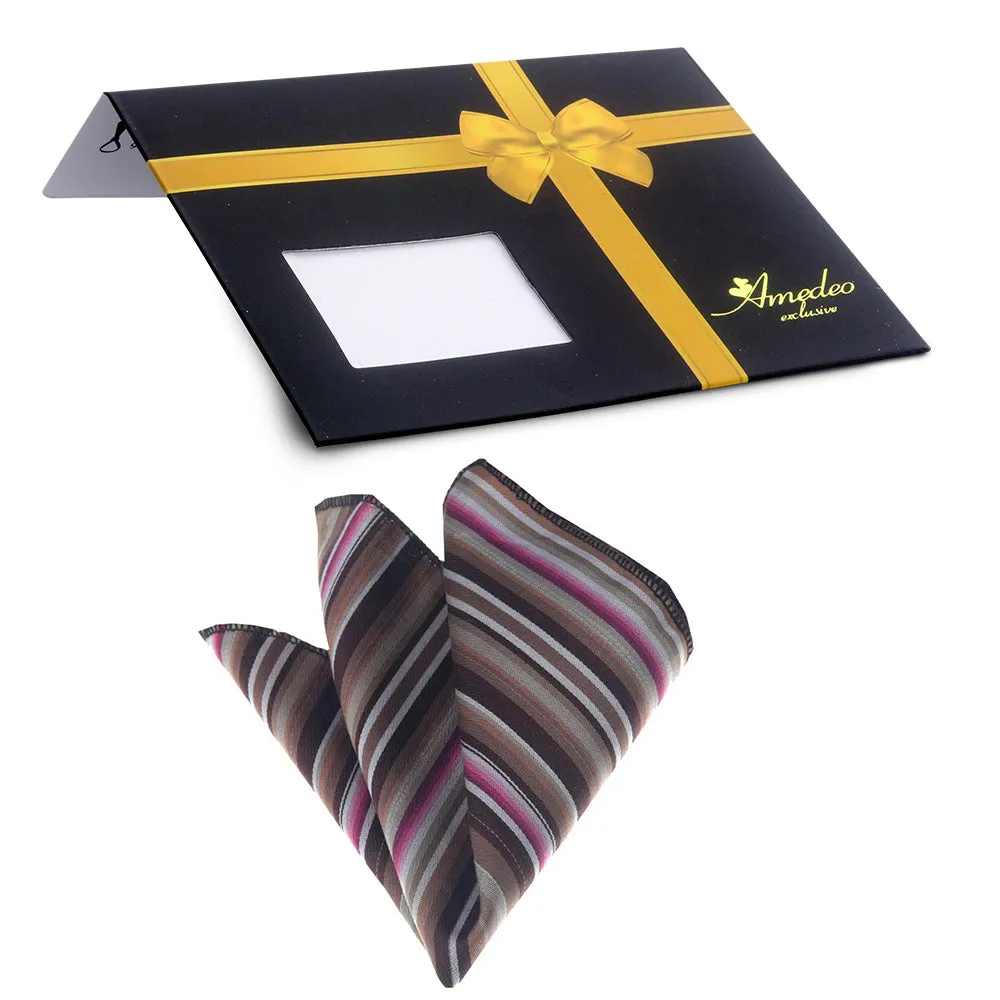 Pink Brown White Stripes Mens Pocket Square - Premium Silk Handkerchiefs for Suits