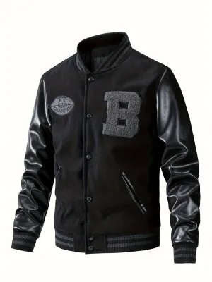 Plus Size Polyester College Style Baseball Jacket, Casual Embroidery Color Block Design With Pockets, Hand Wash Recommended