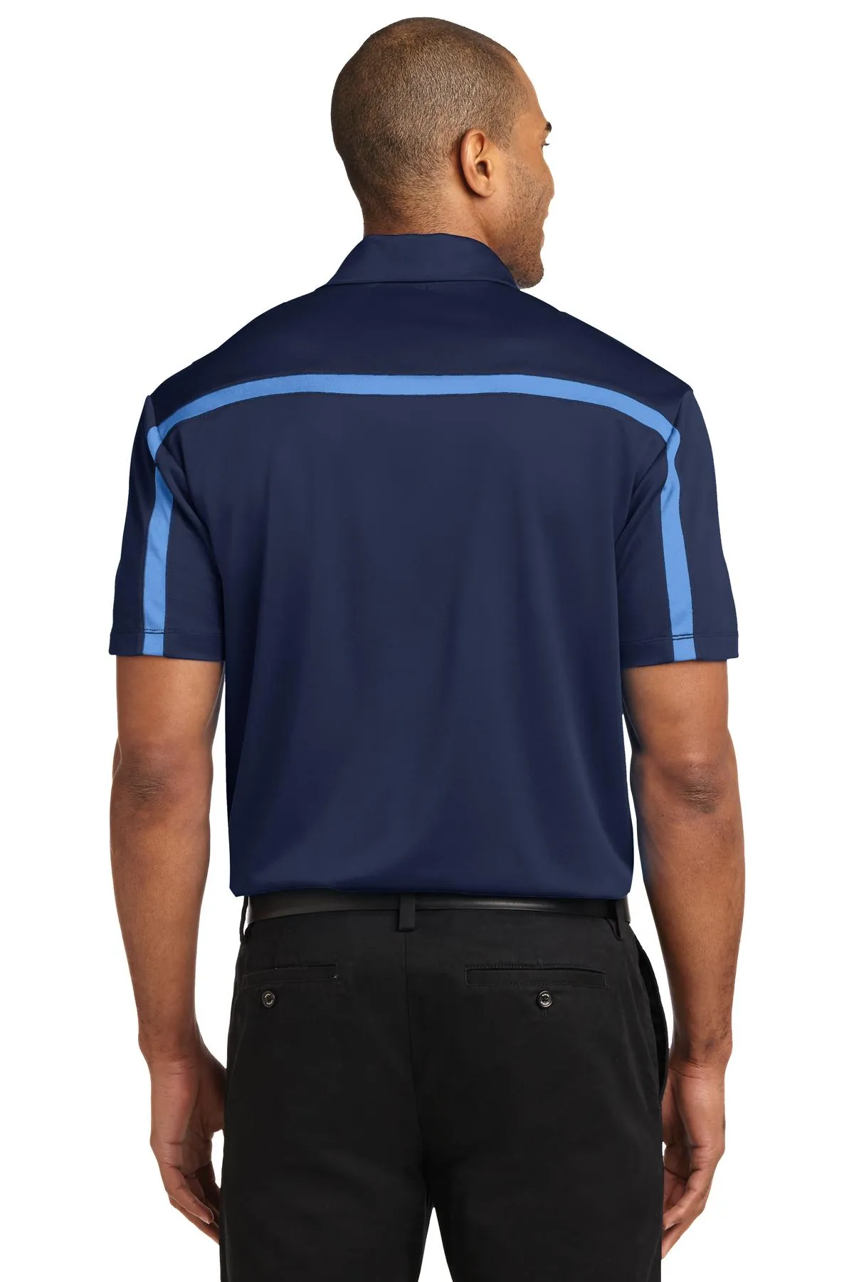 Port Authority Silk Touch Performance Colorblock Stripe Polo. K547 Navy/ Carolina Blue