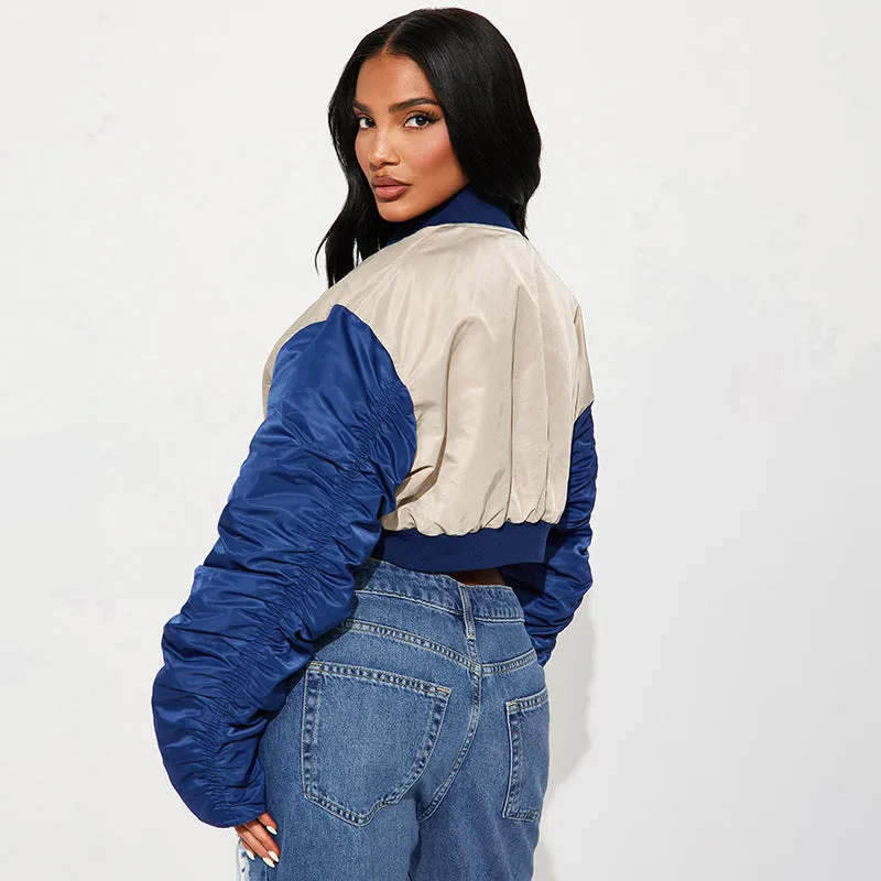 REALAIOT D24TP510 2025 women's clothing autumn and winter shrinkage pleated long sleeves contrasting letters short baseball cotton clothing wholesale