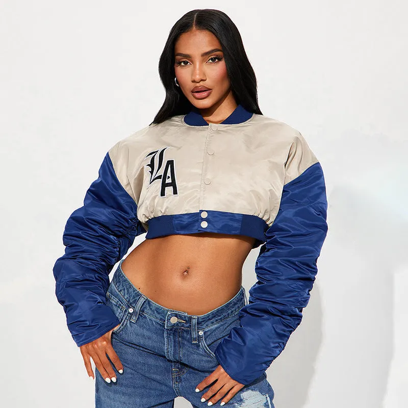 REALAIOT D24TP510 2025 women's clothing autumn and winter shrinkage pleated long sleeves contrasting letters short baseball cotton clothing wholesale