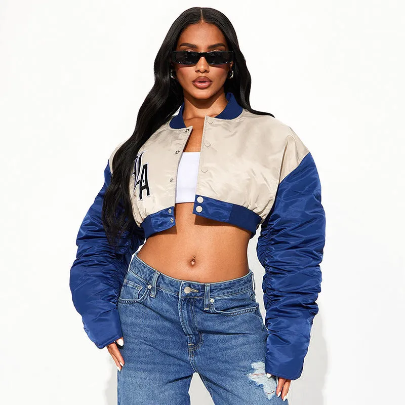REALAIOT D24TP510 2025 women's clothing autumn and winter shrinkage pleated long sleeves contrasting letters short baseball cotton clothing wholesale
