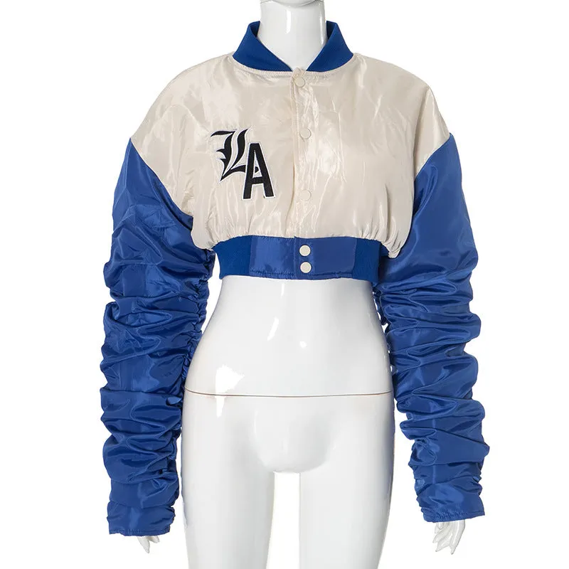 REALAIOT D24TP510 2025 women's clothing autumn and winter shrinkage pleated long sleeves contrasting letters short baseball cotton clothing wholesale