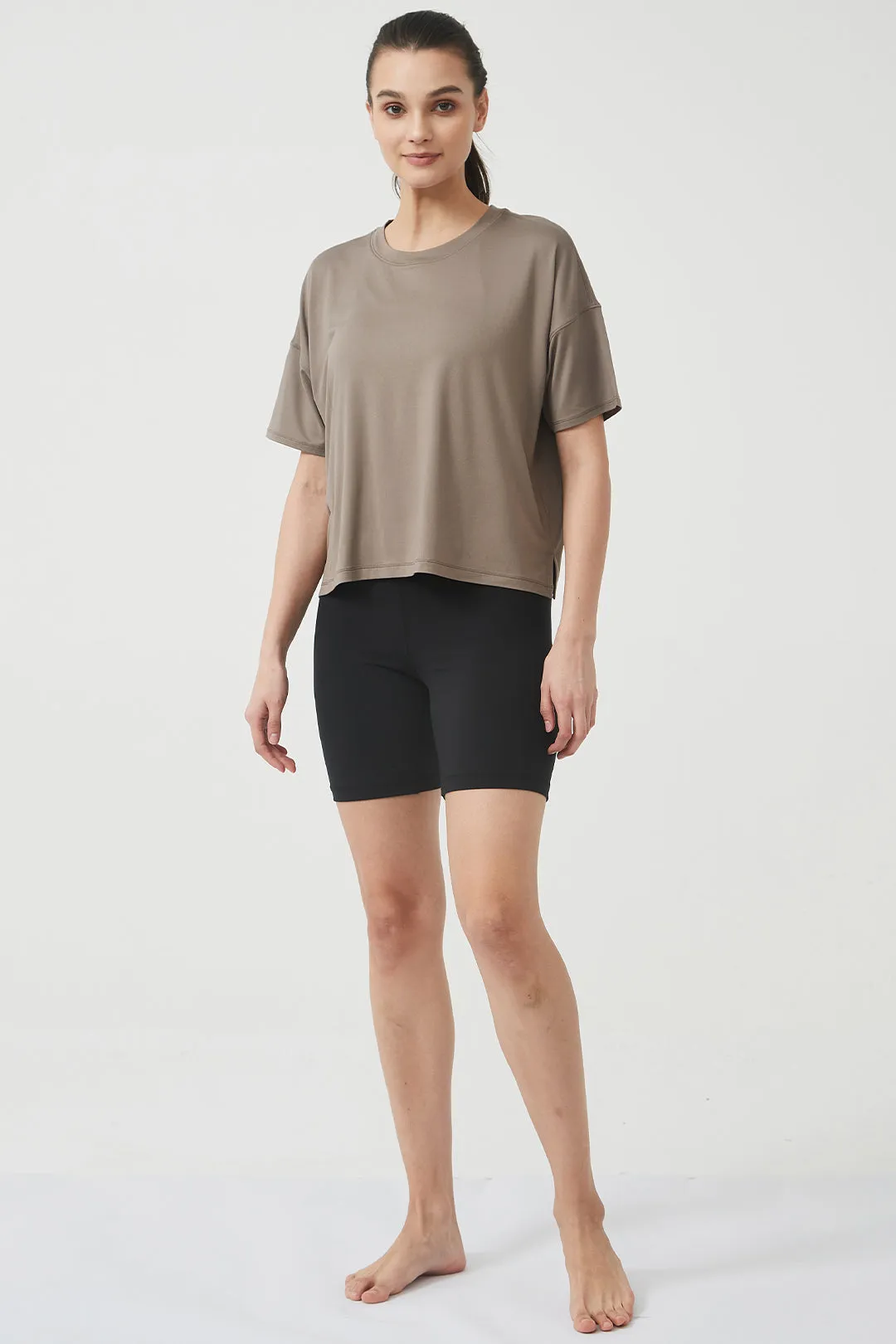 Silky Quick Dry Loose Fit Short Sleeve Top with Round Neck and Dropped Shoulders