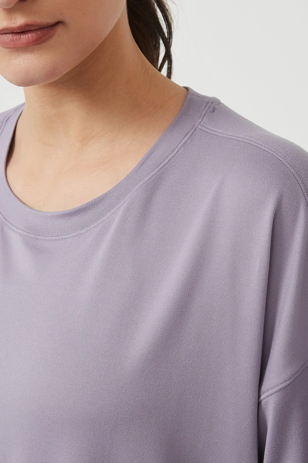 Silky Quick Dry Loose Fit Short Sleeve Top with Round Neck and Dropped Shoulders