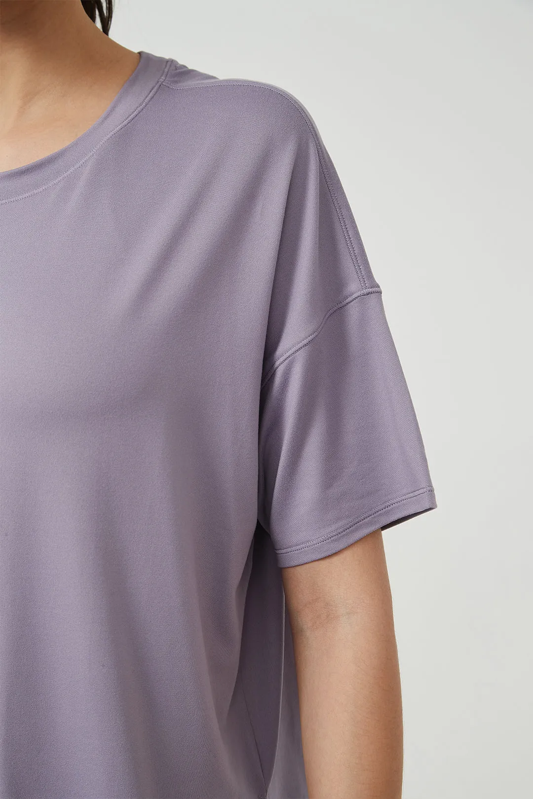 Silky Quick Dry Loose Fit Short Sleeve Top with Round Neck and Dropped Shoulders