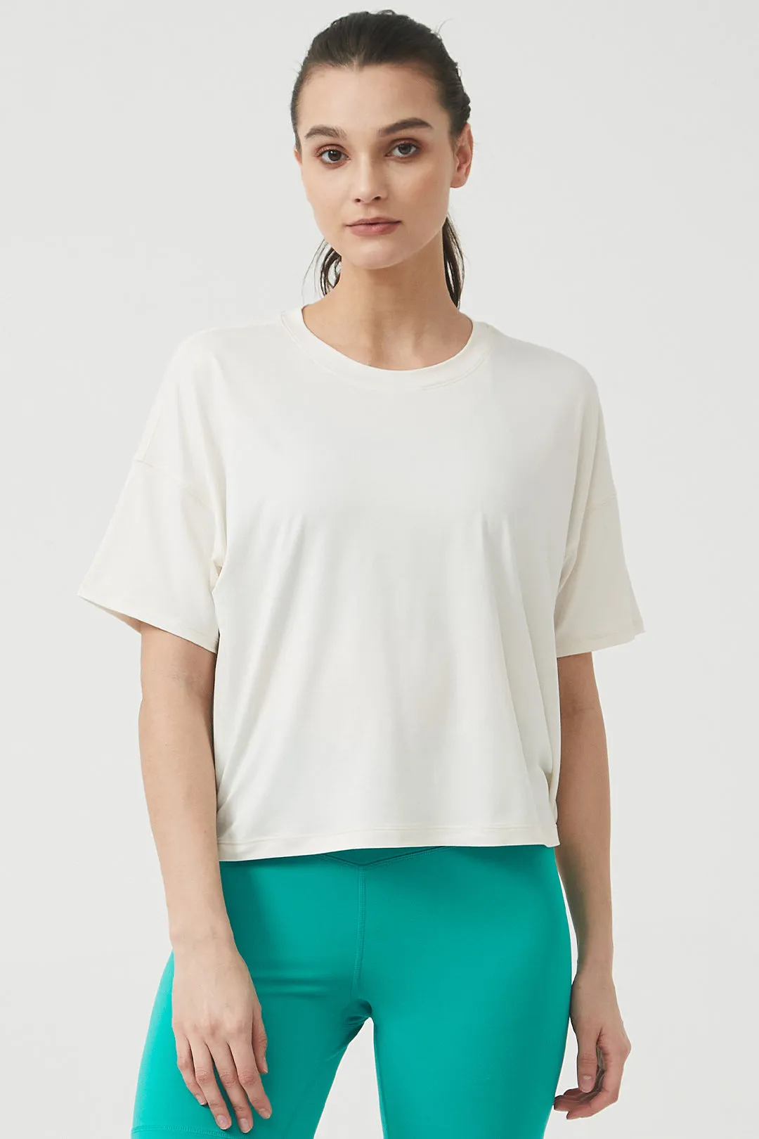 Silky Quick Dry Loose Fit Short Sleeve Top with Round Neck and Dropped Shoulders