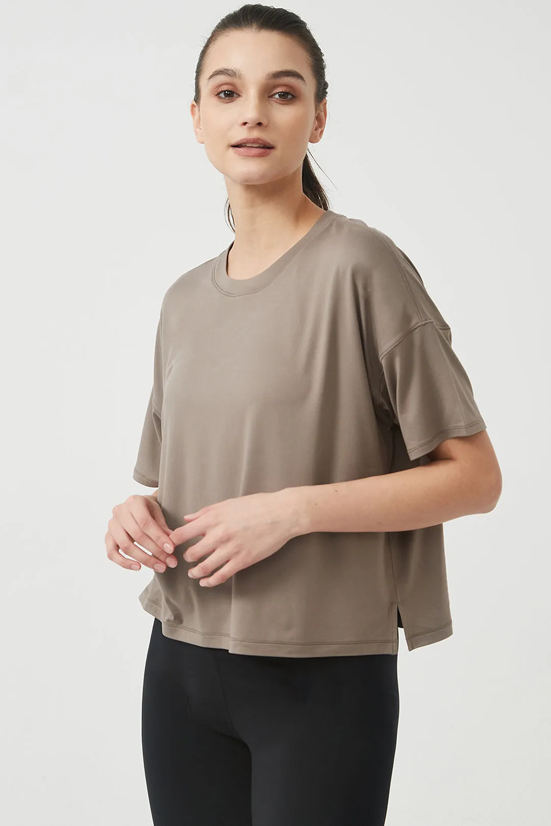 Silky Quick Dry Loose Fit Short Sleeve Top with Round Neck and Dropped Shoulders