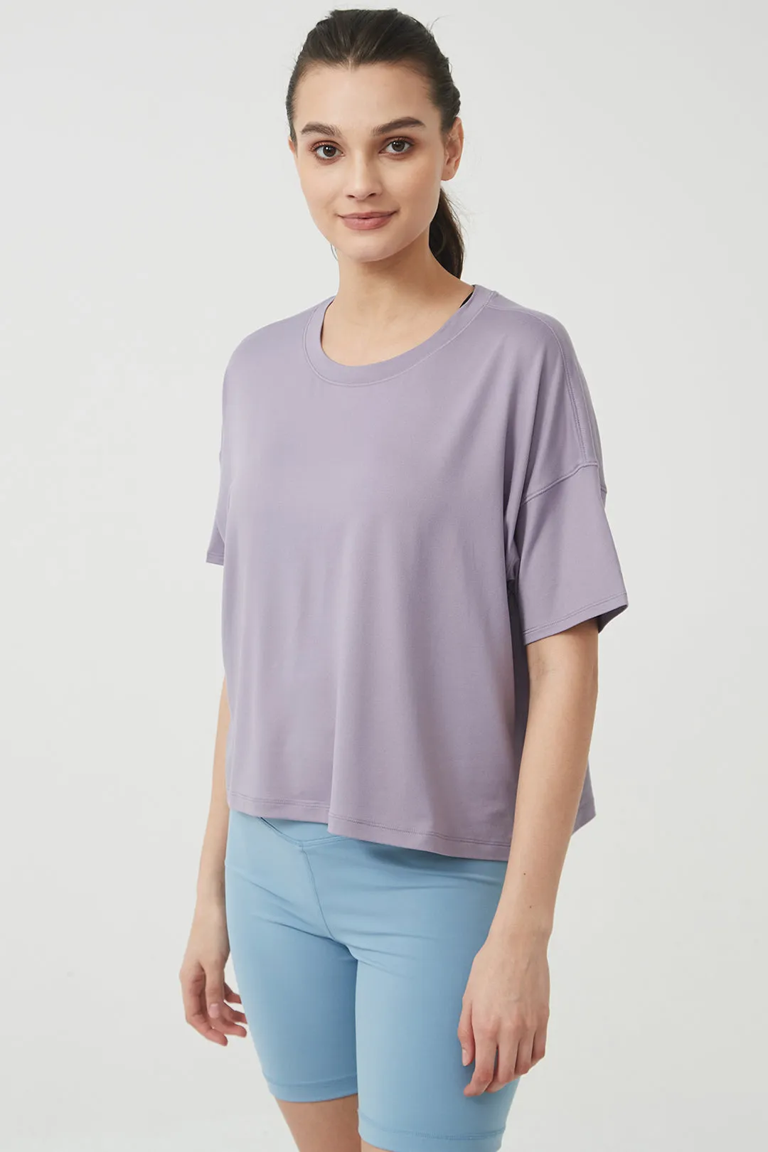 Silky Quick Dry Loose Fit Short Sleeve Top with Round Neck and Dropped Shoulders