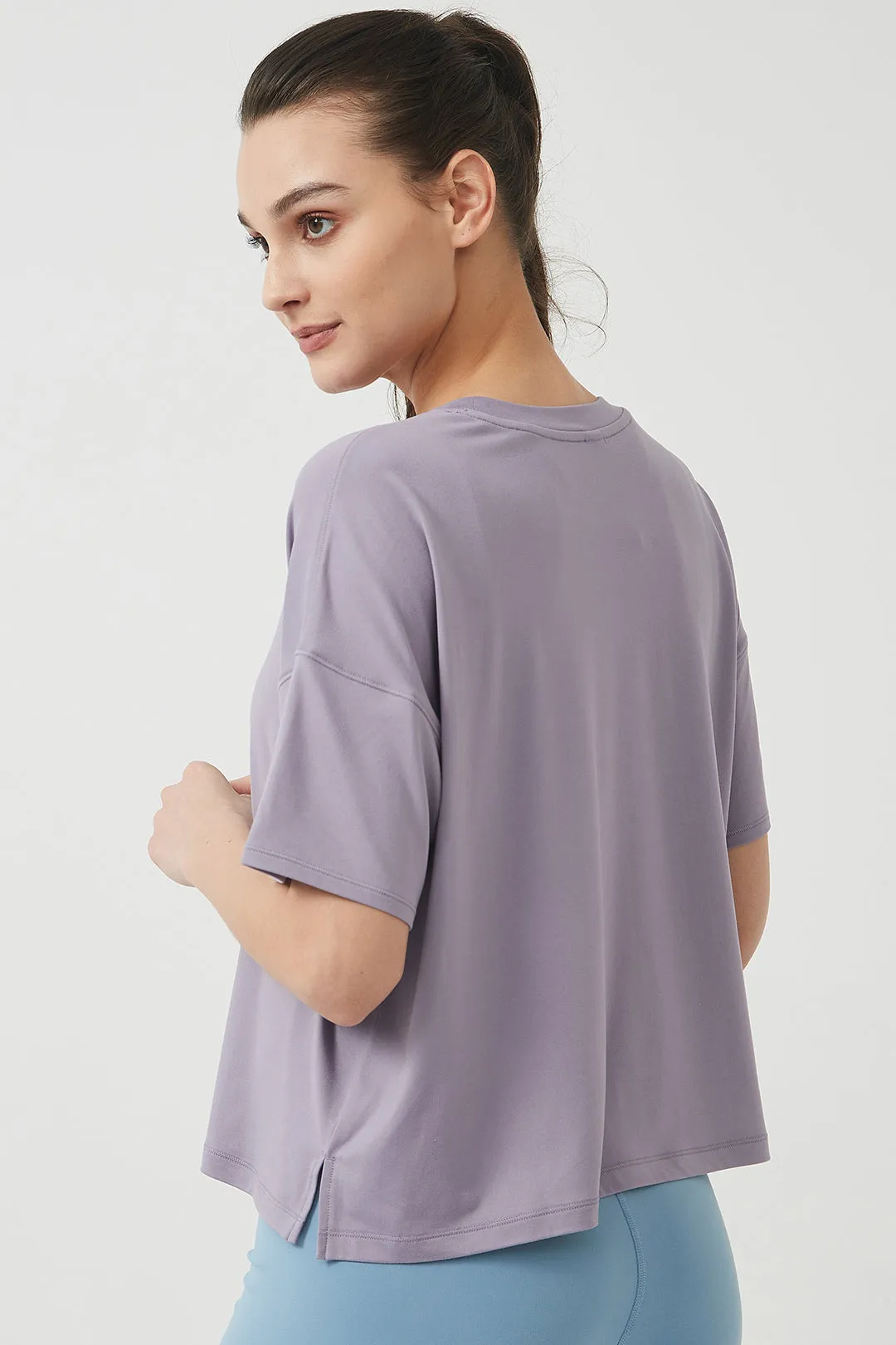 Silky Quick Dry Loose Fit Short Sleeve Top with Round Neck and Dropped Shoulders