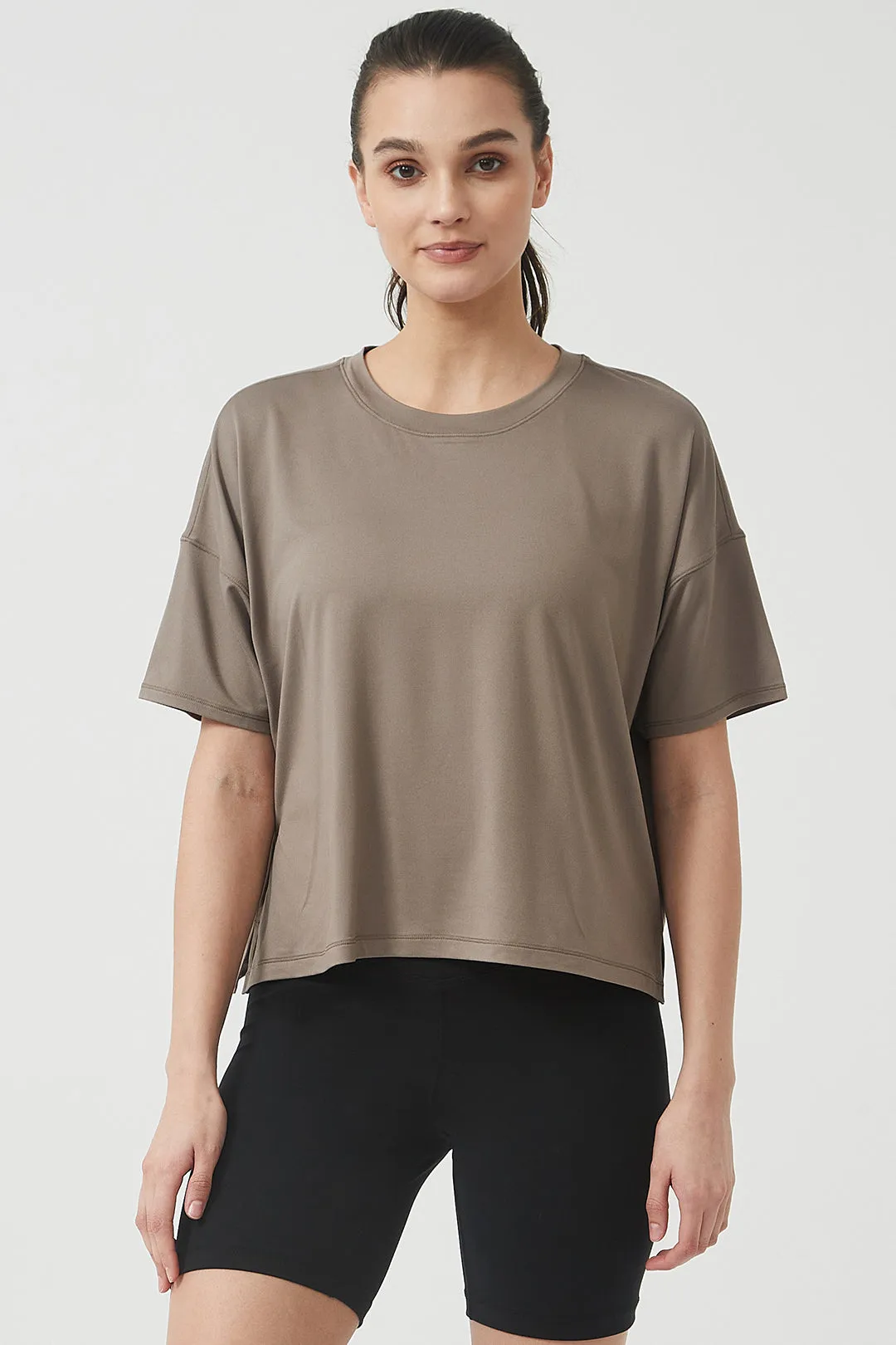 Silky Quick Dry Loose Fit Short Sleeve Top with Round Neck and Dropped Shoulders