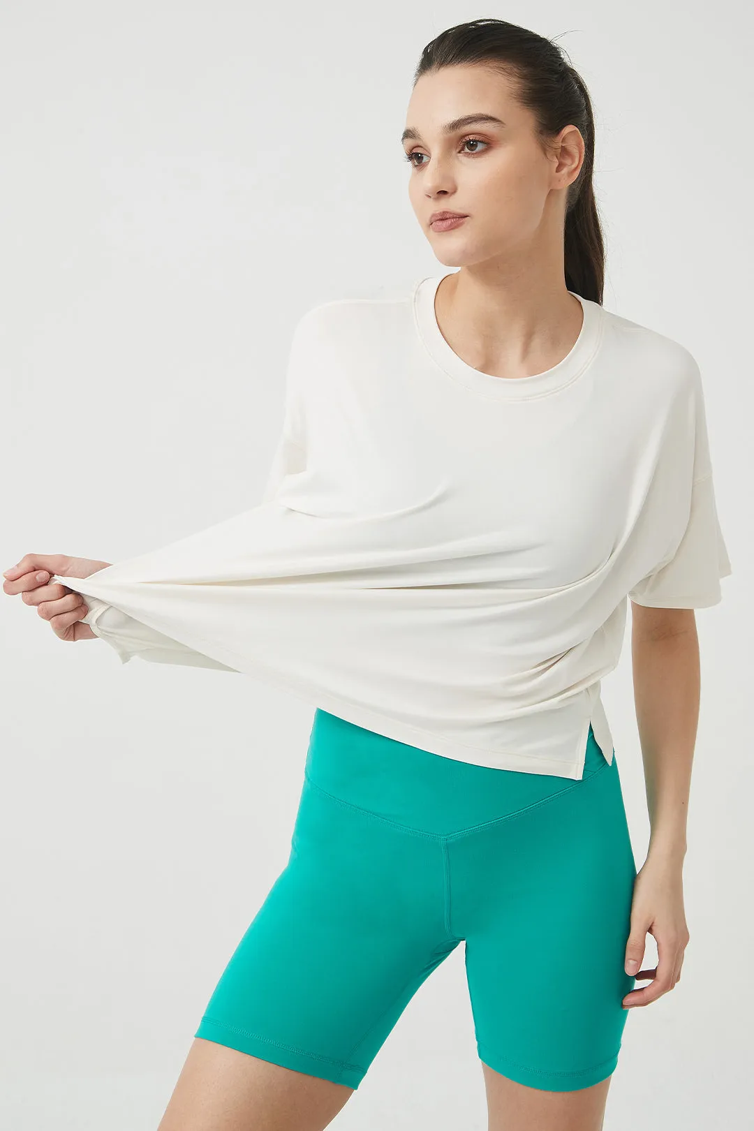 Silky Quick Dry Loose Fit Short Sleeve Top with Round Neck and Dropped Shoulders