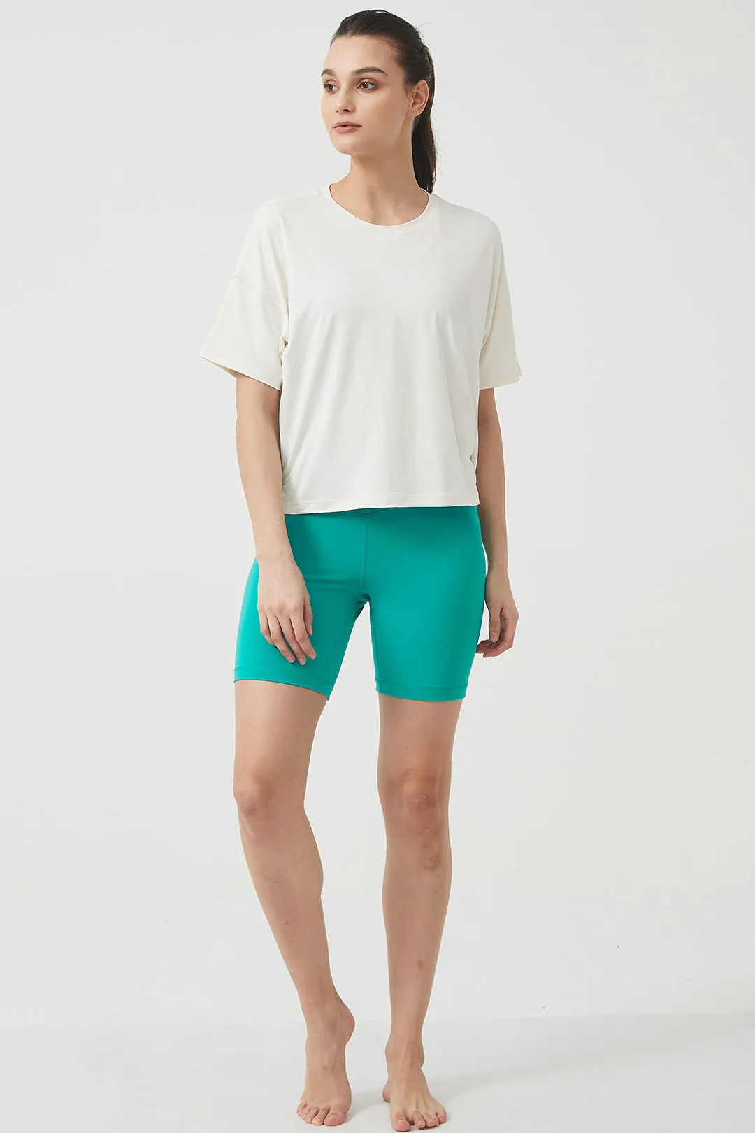 Silky Quick Dry Loose Fit Short Sleeve Top with Round Neck and Dropped Shoulders