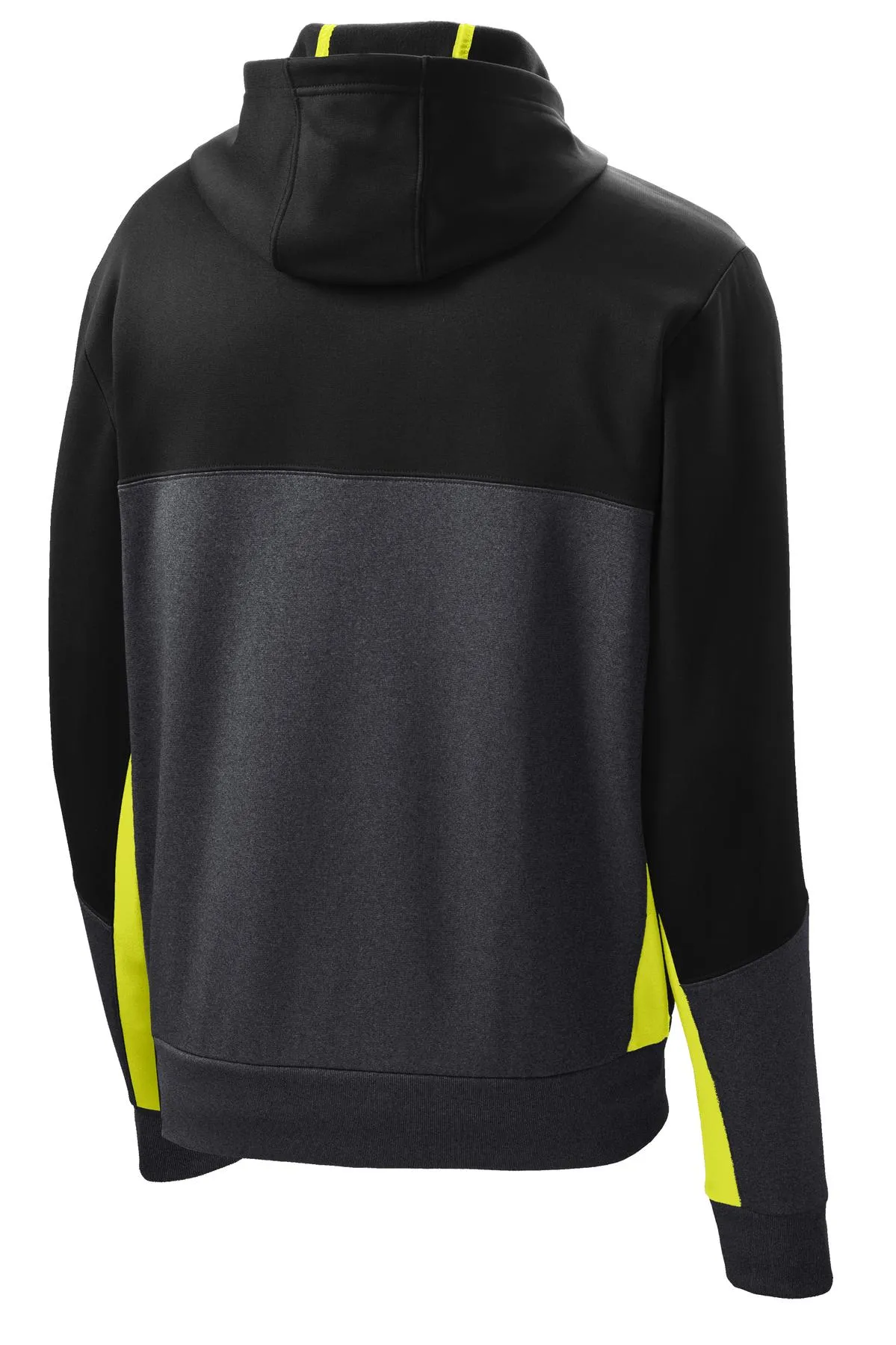 Sport-Tek Tech Fleece Colorblock Full-Zip Hooded Jacket. ST245 Black/ Graphite Heather/ Citron