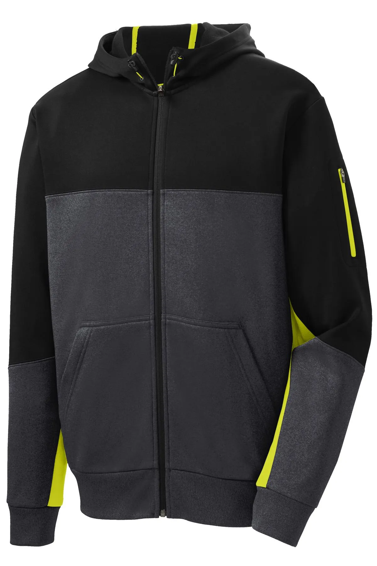 Sport-Tek Tech Fleece Colorblock Full-Zip Hooded Jacket. ST245 Black/ Graphite Heather/ Citron