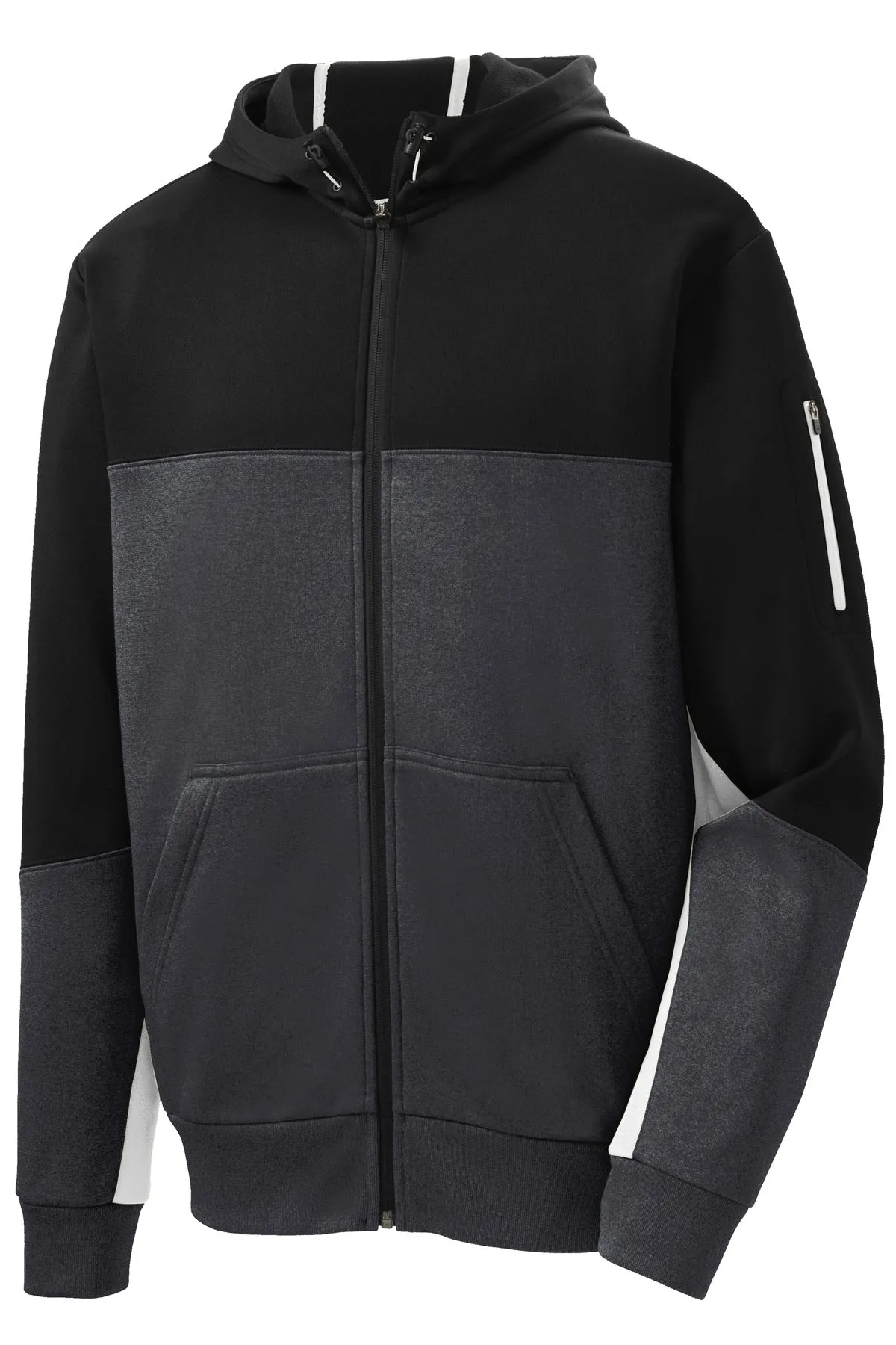 Sport-Tek Tech Fleece Colorblock Full-Zip Hooded Jacket. ST245 Black/ Graphite Heather/ White
