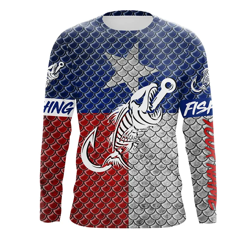 Texas fishing Fish hook fish skull scales Custom Name sun protection long sleeve fishing shirts NQS5169