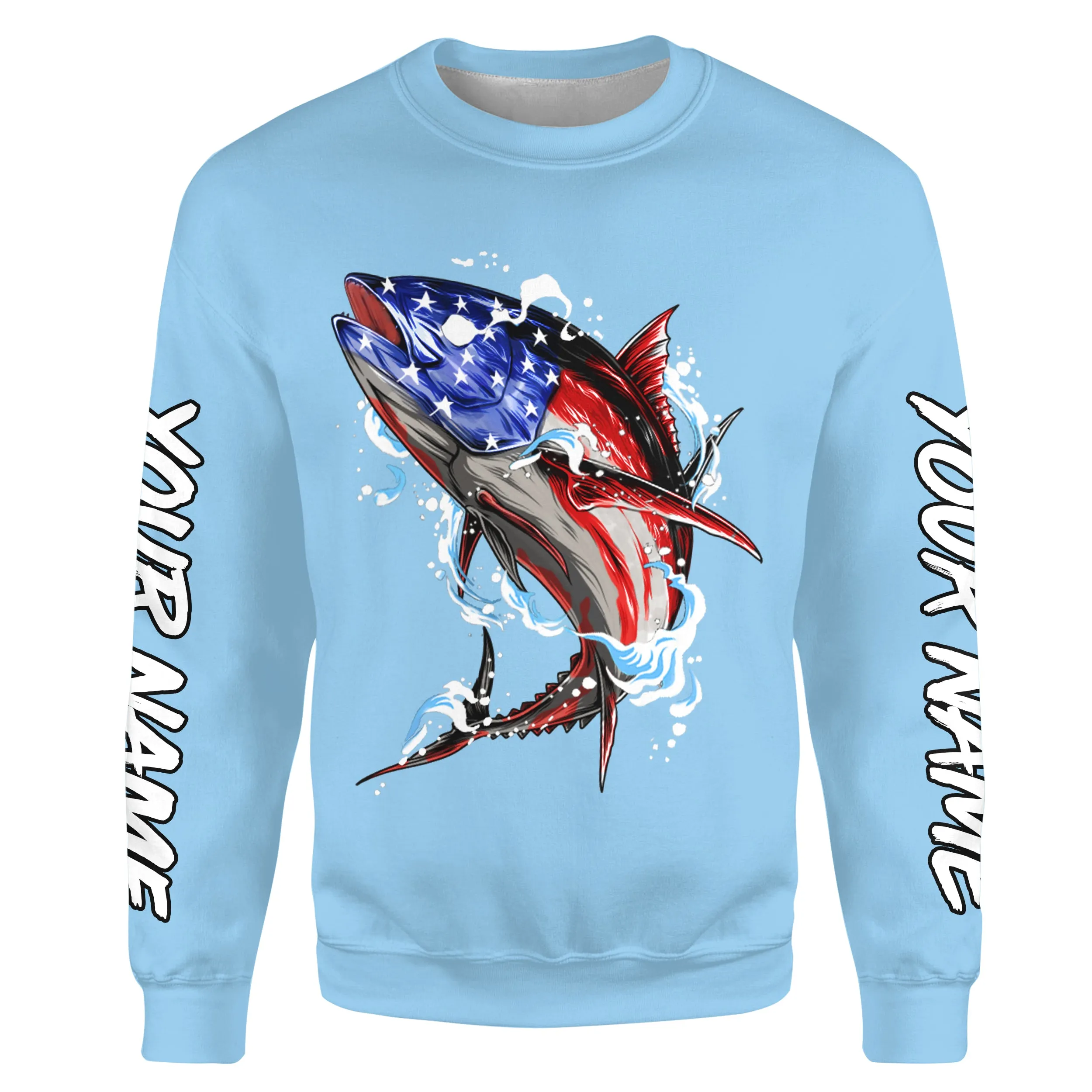 Tuna fishing American flag sky blue Custom name fishing shirts jerseys | Sweatshirt - NPQ947