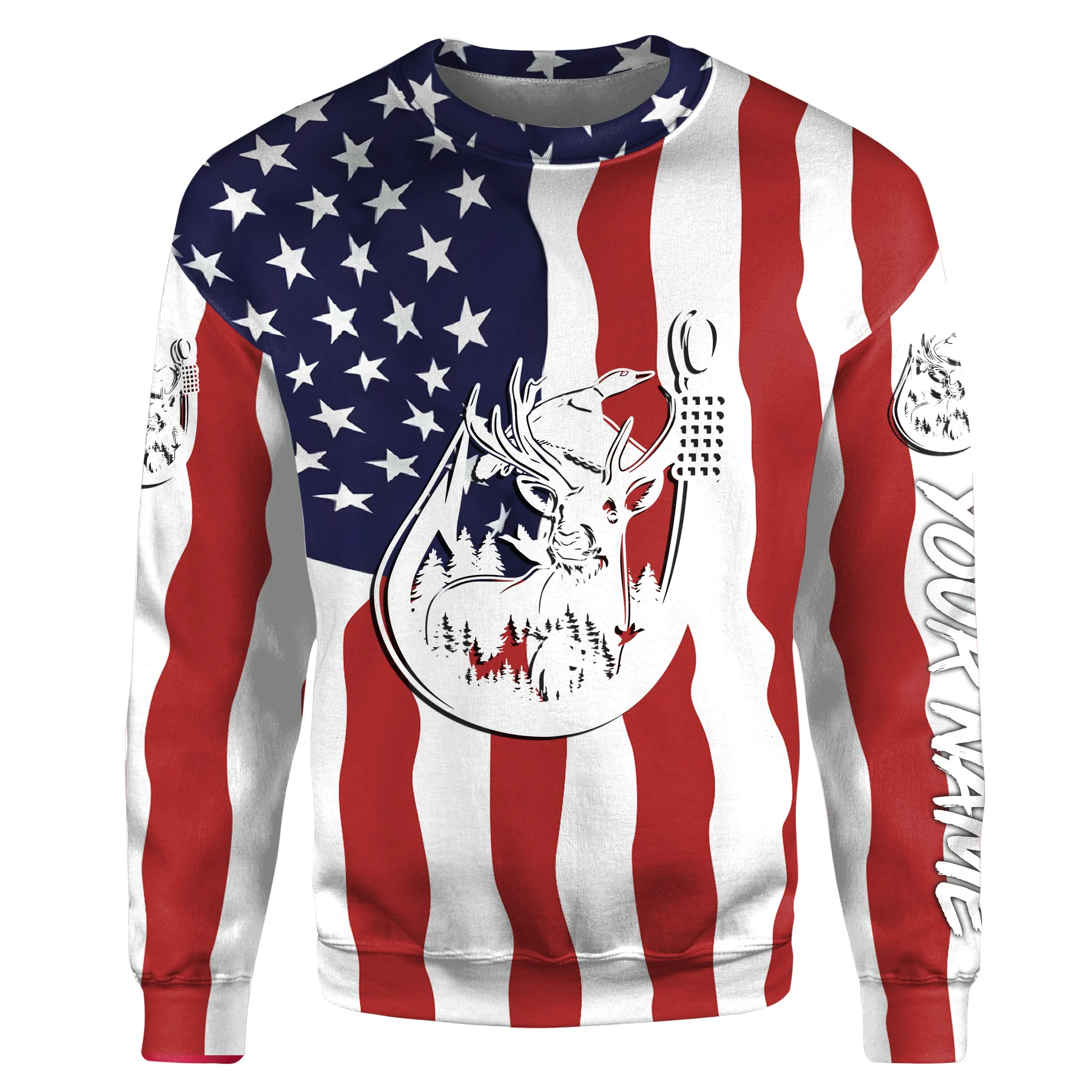 US American Fishing Hunting Flag deer duck Fish hook Custom fishing Sweatshirt NPQ754