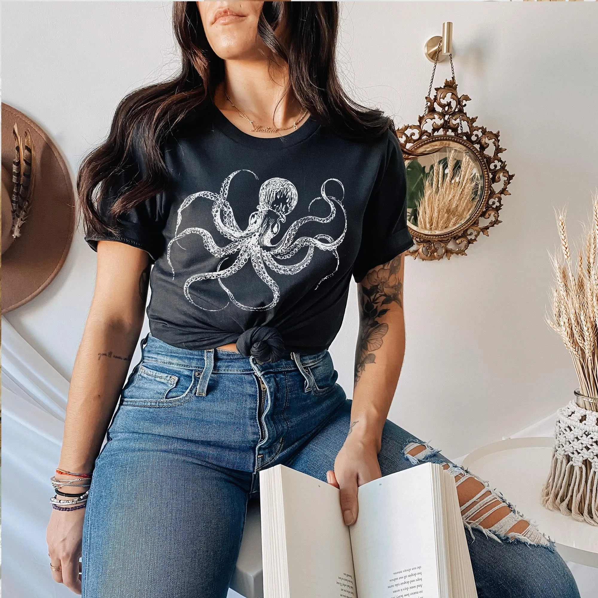 White Octopus Tee Shirt, Witch Shirt, Unisex Jersey Short Sleeve Tee, Womens Bella Canvas T-Shirt, Gothic Steampunk